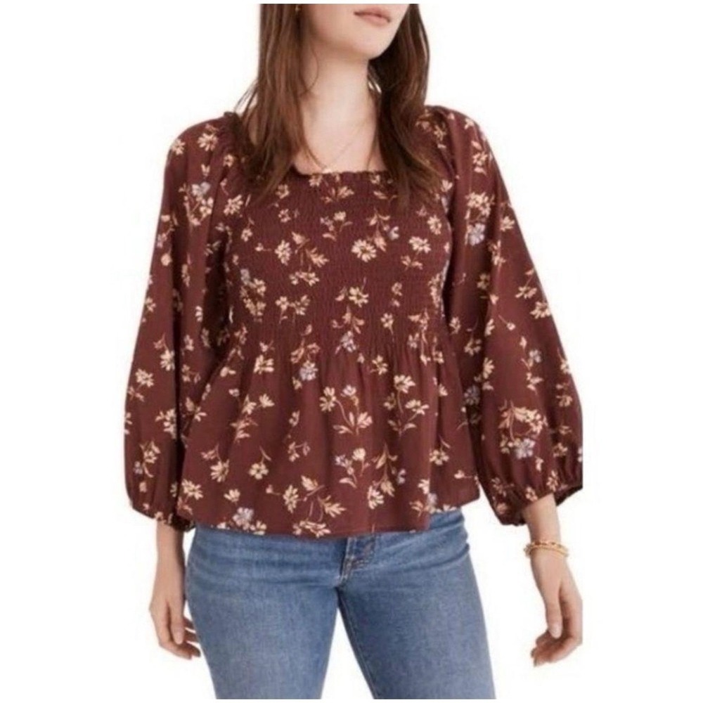 Madewell Smocked Peplum Top Burgundy Floral Cotton Long Sleeve Blouse Size 0